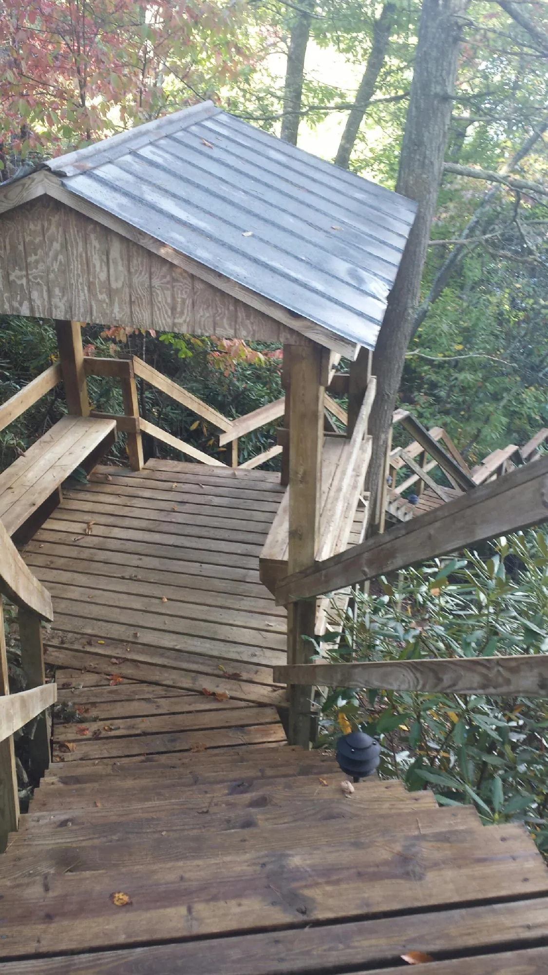 Metal roofed shelter over wooden steps on a wooded walkway — Skylight Repair & Installation work by our crew in Capon Bridge